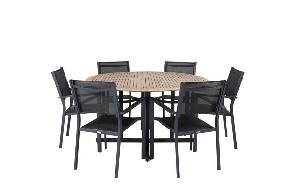 Imagine Masa de dining Cruz - Oțel negru / Acacia (aspect de lemn de tek) ø140cm + Scaun Copacabana empilabil - Negru/Negru - Înlocuit de 4231-408 _6