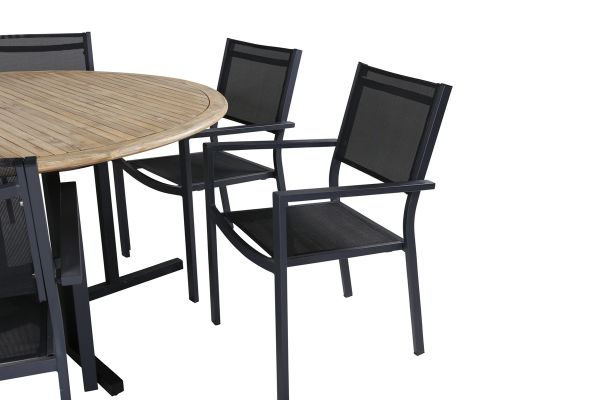 Imagine Masa de dining Cruz - Oțel negru / Acacia (aspect de lemn de tek) ø140cm + Scaun Copacabana empilabil - Negru/Negru - Înlocuit de 4231-408 _6