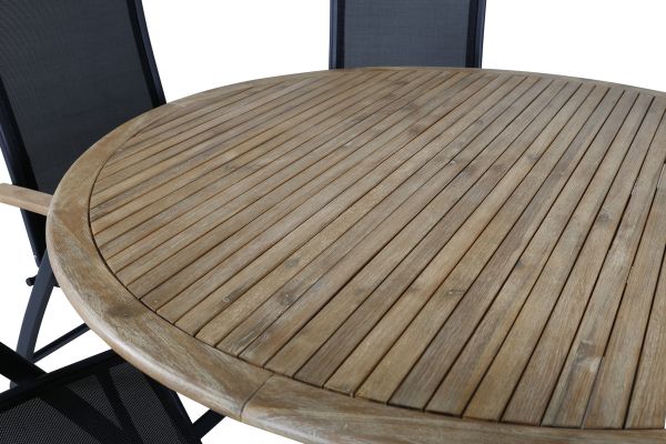 Imagine Masa de dining Cruz - Otel negru / Acacia (aspect de teak) ø140cm + Scaun Panama Light 5-poziții Negru / Negru