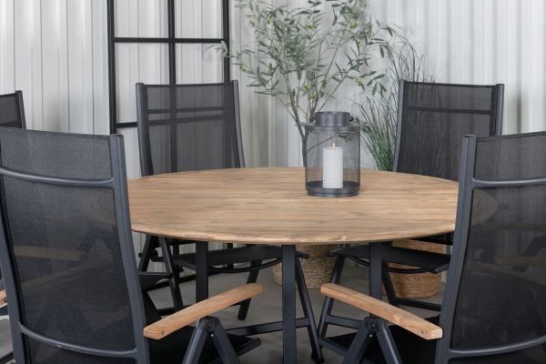 Imagine Masa de dining Cruz - Otel negru / Acacia (aspect de teak) ø140cm + Scaun Panama Light 5-poziții Negru / Negru