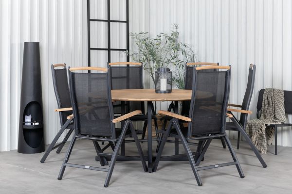 Imagine Masa de dining Cruz - Oțel negru / Acacia (aspect de teak) ø140cm + Scaun Panama 5 poziții - Negru/Negru _6