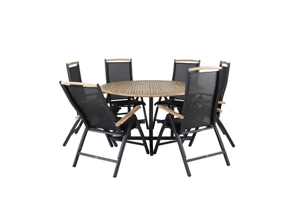 Imagine Masa de dining Cruz - Oțel negru / Acacia (aspect de teak) ø140cm + Scaun Panama 5 poziții - Negru/Negru _6