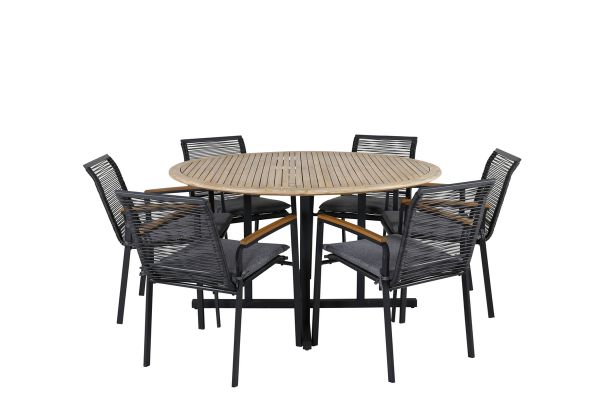 Imagine Vă rugăm să traduceți complet: Masă de dining Cruz - Oțel negru / Acacia (aspect de tec) ø140cm + Scaun de dining Dallas _6