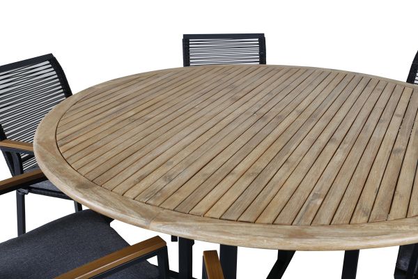 Imagine Vă rugăm să traduceți complet: Masă de dining Cruz - Oțel negru / Acacia (aspect de tec) ø140cm + Scaun de dining Dallas _6