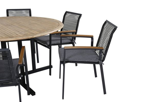 Imagine Vă rugăm să traduceți complet: Masă de dining Cruz - Oțel negru / Acacia (aspect de tec) ø140cm + Scaun de dining Dallas _6