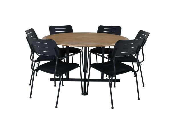 Imagine Masa de dining Cruz - Oțel negru / Acacia (aspect de tek) ø140cm + Scaun de dining Nicke cu brațe - Oțel negru - 6