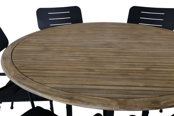 Imagine Masa de dining Cruz - Oțel negru / Acacia (aspect de tek) ø140cm + Scaun de dining Nicke cu brațe - Oțel negru - 6