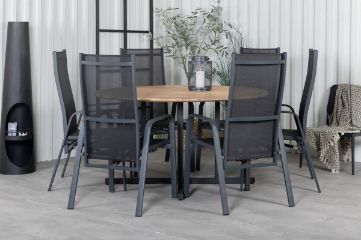 Imagine Masa de dining Cruz - Oțel negru / Acacia (aspect de tec) ø140cm + Scaun de dining reclinabil Copacabana - Negru/Negru _6