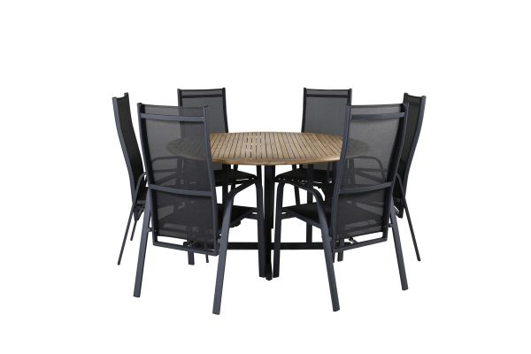 Imagine Masa de dining Cruz - Oțel negru / Acacia (aspect de tec) ø140cm + Scaun de dining reclinabil Copacabana - Negru/Negru _6