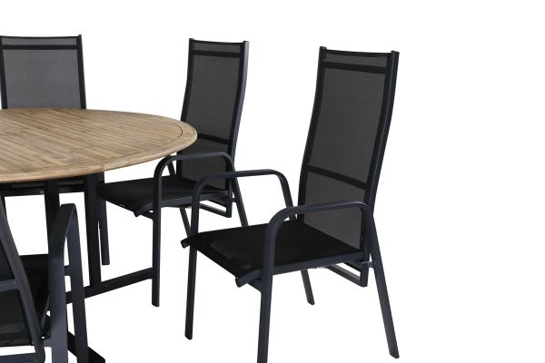 Imagine Masa de dining Cruz - Oțel negru / Acacia (aspect de tec) ø140cm + Scaun de dining reclinabil Copacabana - Negru/Negru _6