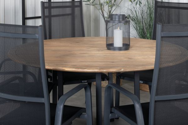 Imagine Masa de dining Cruz - Oțel negru / Acacia (aspect de tec) ø140cm + Scaun de dining reclinabil Copacabana - Negru/Negru _6