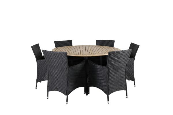 Imagine Masa de dining Cruz - Oțel negru / Acacia (aspect de tek) ø140cm + Scaun cu brațe Knick - Negru _6