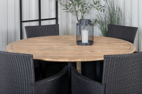 Imagine Masa de dining Cruz - Oțel negru / Acacia (aspect de tek) ø140cm + Scaun cu brațe Knick - Negru _6