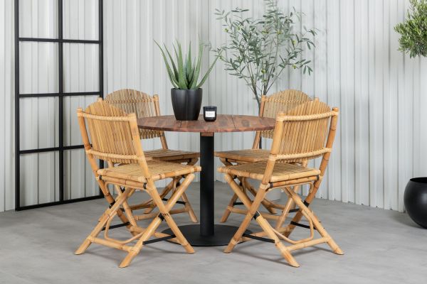 Imagine Cot Dining Table - Black steel / Acacia (teaklook) - ø100cm+ Cane Foldable dining Chair - Bamboo / Grey Cushion_4