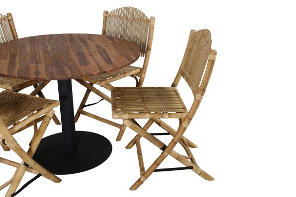 Imagine Cot Dining Table - Black steel / Acacia (teaklook) - ø100cm+ Cane Foldable dining Chair - Bamboo / Grey Cushion_4