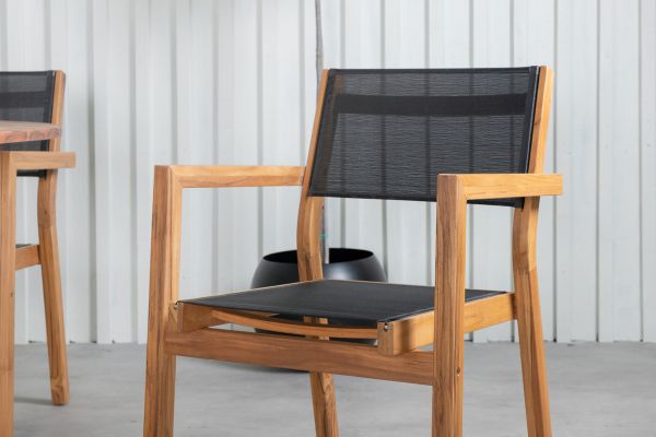 Imagine Masă de dining Cot - oțel negru / Acacia (aspect de tek) - ø100cm+ Scaun de dinamare Venice - Tek / Textilen negru_4