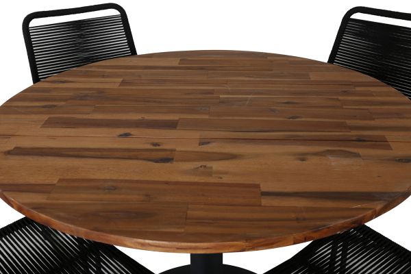 Imagine Masa de dining Cot - Oțel negru / Acacia (aspect teak) - ø100cm+ Scaun empilabil Lindos - Aluminiu negru / Sârmă neagră_4