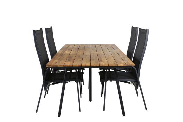 Imagine Masa de dining Chan - Oțel negru / Acacia (aspect de tec) - 200cm + Scaun de relaxare Copacabana - Negru/Negru_4