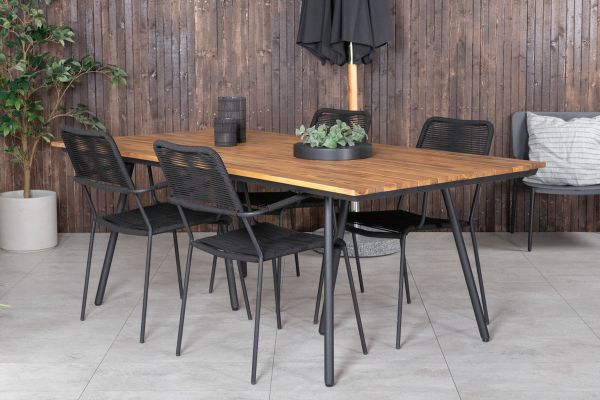 Imagine Tabelul de dining Chan - Oțel negru / Acacia (aspect teak) - 200cm + Scaunul Lindos - Aluminiu negru / Șnur negru_4