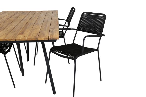 Imagine Tabelul de dining Chan - Oțel negru / Acacia (aspect teak) - 200cm + Scaunul Lindos - Aluminiu negru / Șnur negru_4