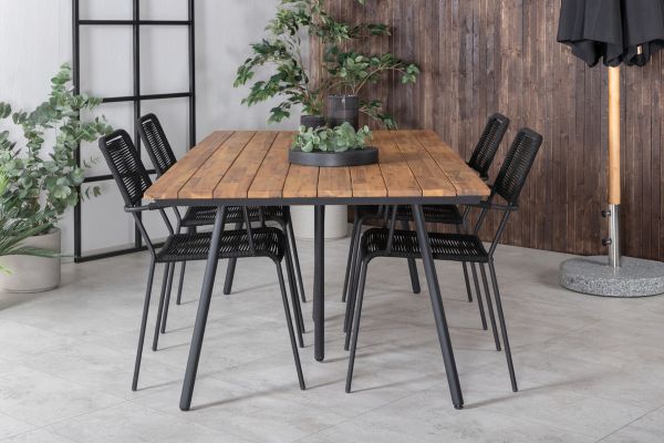 Imagine Tabelul de dining Chan - Oțel negru / Acacia (aspect teak) - 200cm + Scaunul Lindos - Aluminiu negru / Șnur negru_4