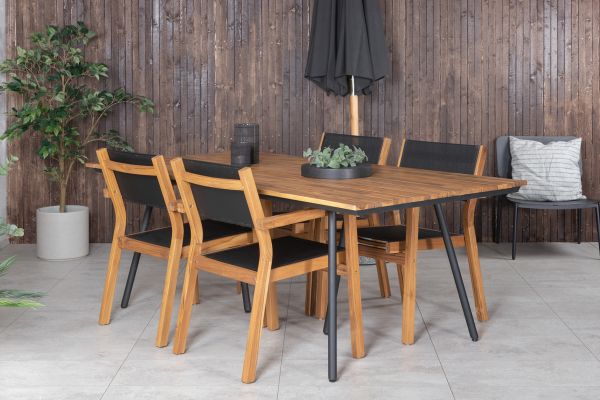 Imagine Masa de dining Chan - otel negru / Acacia (aspect teak) - 200cm+ Scaun empilabil Venice - Teak / Textilena neagra_4