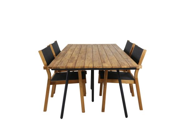 Imagine Masa de dining Chan - otel negru / Acacia (aspect teak) - 200cm+ Scaun empilabil Venice - Teak / Textilena neagra_4