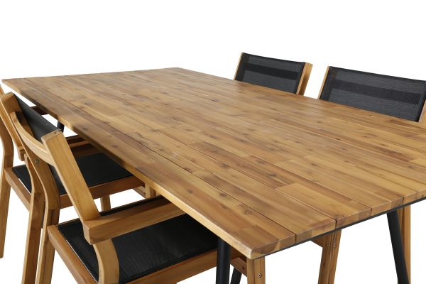 Imagine Masa de dining Chan - otel negru / Acacia (aspect teak) - 200cm+ Scaun empilabil Venice - Teak / Textilena neagra_4