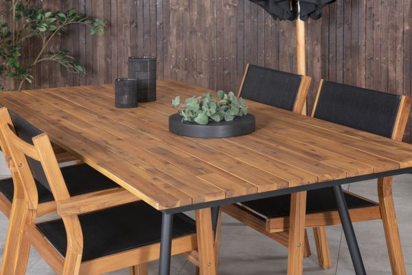 Imagine Masa de dining Chan - otel negru / Acacia (aspect teak) - 200cm+ Scaun empilabil Venice - Teak / Textilena neagra_4