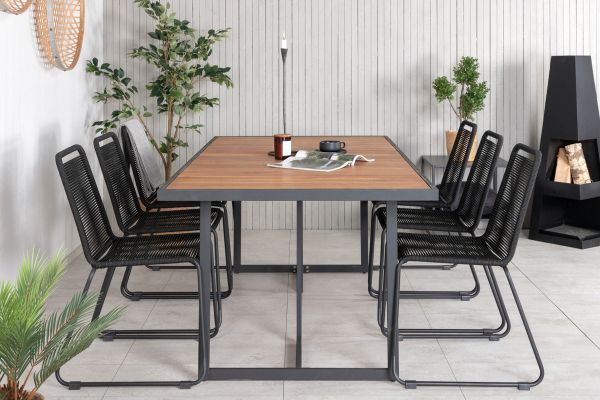 Imagine Masa de Dining Khung - Oţel negru / Acacia (teklook) - 200*100cm+ Scaun de stivuire Lindos - Aluminiu negru / Sfoară neagră_6