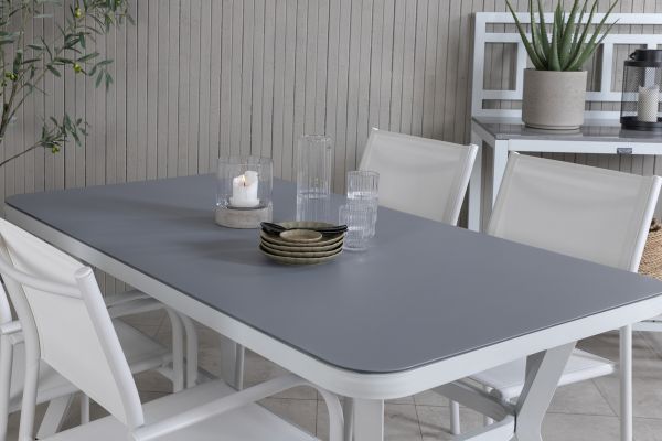 Imagine Virya Dining Table - White Alu / Grey Glass - small table+Santorini Arm Chair (Stackable) - White Alu / White Textilene_4