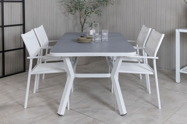 Imagine Virya Dining Table - White Alu / Grey Glass - small table+Santorini Arm Chair (Stackable) - White Alu / White Textilene_4