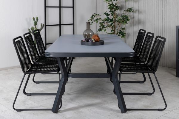 Imagine Masa de dining Virya - Alu negru / Sticla gri - masa mare + Scaun de stivuire Lindos - Alu negru / Sfoara neagra_6