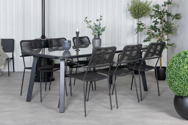 Imagine Vă rugăm să traduceți complet Tabelul de dining Paola - Oțel negru / Rattan natural - 200*100+ Scaunul de dining Lindos - Aluminiu negru / Sfoară neagră_6