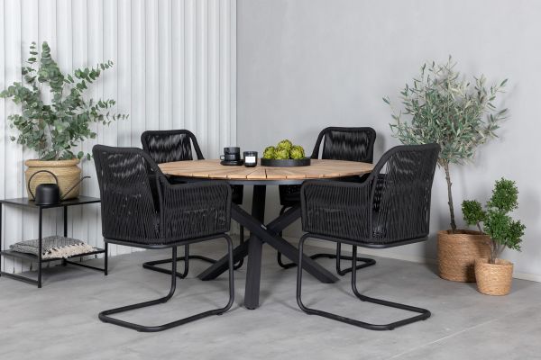 Imagine Masa Mexic ø 140 - Negru/Teak + Scaun Lindos Swing - Otel Negru/Sfoara Neagra/Perne Gri _4