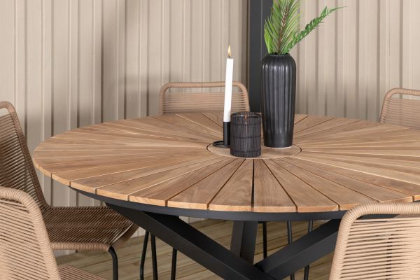 Imagine Mexico Table ø 140 - Black/Teak+Lindos Stacking Chair - Black Alu / Latte Rope_6