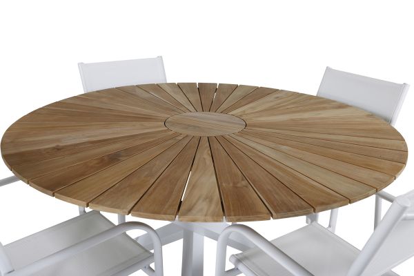 Imagine Masa Mexic ø 140 - Alb/Teak + Scaun Santorini (Empilabil) - Aluminiu Alb / Textilenă Albă_4