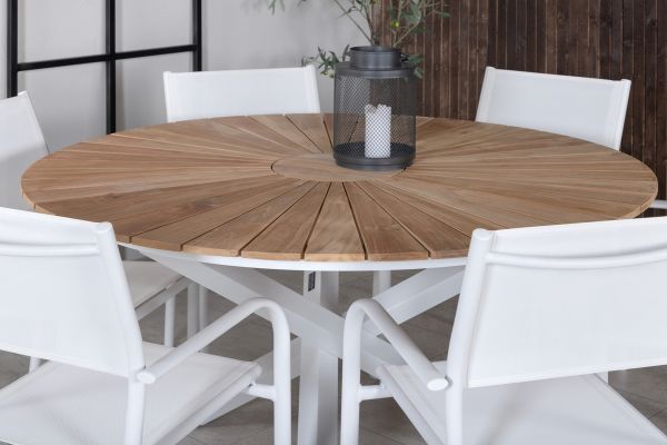 Imagine Masa din Mexic ø 140 - Alb/Teak+Scaun Santorini (Empilabil) - Aluminiu Alb / Textilenă Albă_6