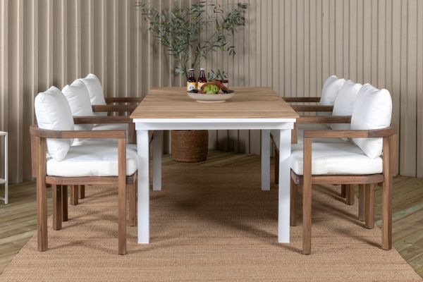 Imagine Masa din Mexic 180/240 - Alb/Teak+Scaun de cină Erica-fir acacia periat/alb cu pernă albastră_6