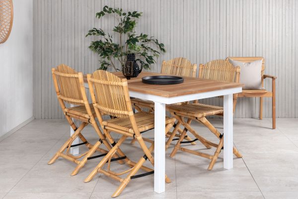 Imagine Masă Panama 160/240 - Alb/Teak+Cane Scaun pliabil - Bambus/Gri Pernă_4