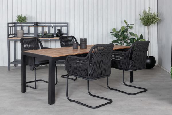 Imagine Completați complet masa de dining Bois de 205*90 cm - Picioare negre / Acacia + Scaun cu leagăn Lindos - Oțel negru / Frânghie neagră / Pernă gri_4