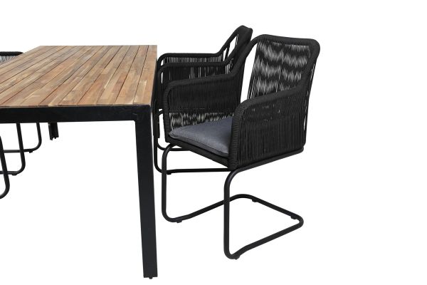 Imagine Completați complet masa de dining Bois de 205*90 cm - Picioare negre / Acacia + Scaun cu leagăn Lindos - Oțel negru / Frânghie neagră / Pernă gri_4