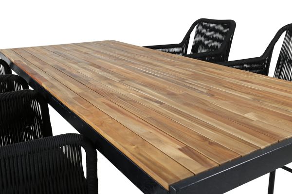 Imagine Completați complet masa de dining Bois de 205*90 cm - Picioare negre / Acacia + Scaun cu leagăn Lindos - Oțel negru / Frânghie neagră / Pernă gri_4