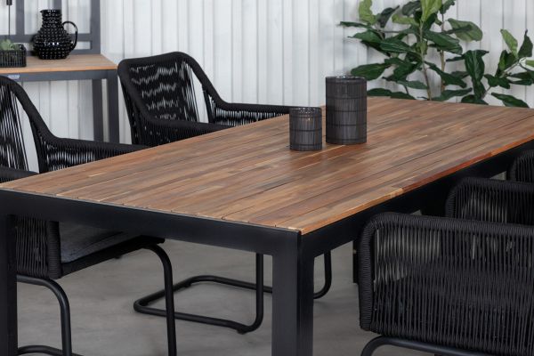 Imagine Completați complet masa de dining Bois de 205*90 cm - Picioare negre / Acacia + Scaun cu leagăn Lindos - Oțel negru / Frânghie neagră / Pernă gri_4