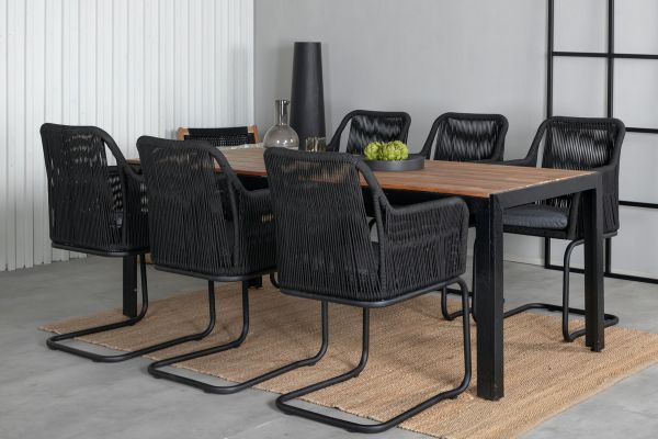 Imagine Masa de dining Bois 205*90cm - Picioare Negre / Acacia + Scaun Lindos de tip leagan - Structura neagra din otel / Sfoara neagra / Perna gri