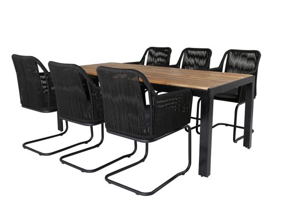 Imagine Masa de dining Bois 205*90cm - Picioare Negre / Acacia + Scaun Lindos de tip leagan - Structura neagra din otel / Sfoara neagra / Perna gri