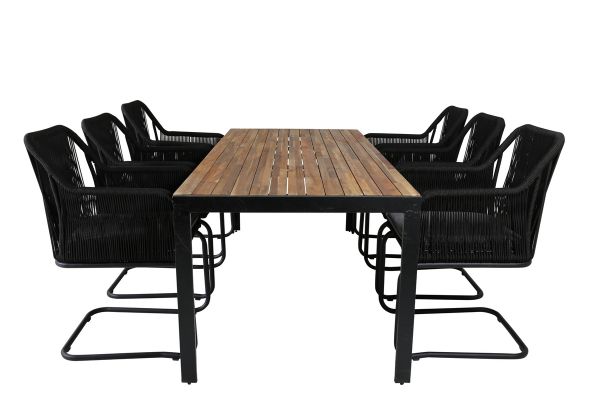 Imagine Masa de dining Bois 205*90cm - Picioare Negre / Acacia + Scaun Lindos de tip leagan - Structura neagra din otel / Sfoara neagra / Perna gri