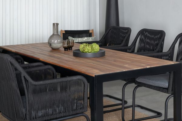 Imagine Masa de dining Bois 205*90cm - Picioare Negre / Acacia + Scaun Lindos de tip leagan - Structura neagra din otel / Sfoara neagra / Perna gri