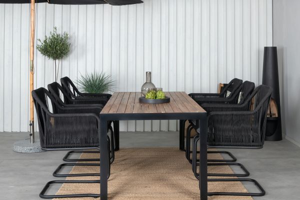 Imagine Masa de dining Bois 205*90cm - Picioare Negre / Acacia + Scaun Lindos de tip leagan - Structura neagra din otel / Sfoara neagra / Perna gri