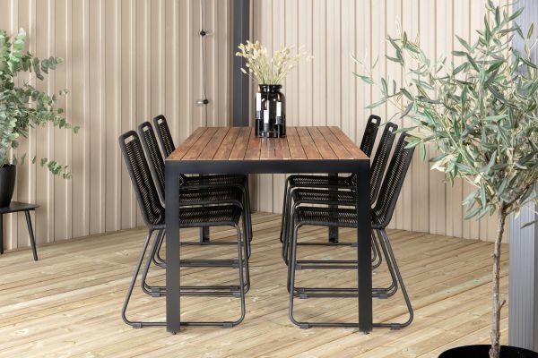 Imagine Masa de dining Bois 205*90cm - Picioare negre / Acacia + Scaun empilabil Lindos - Aluminiu negru / Sfoară neagră_6